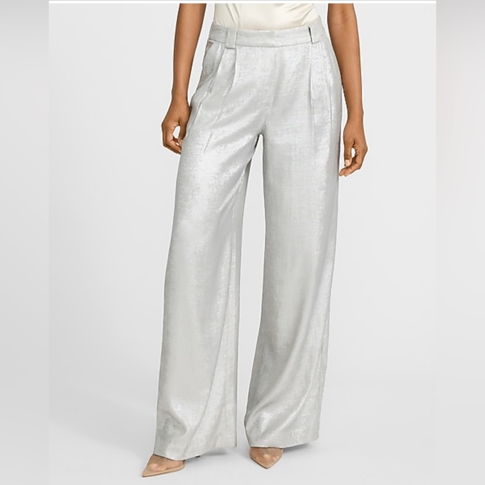 NWT Express High Waisted Silver Metallic Relaxed Trouser - size 10 & 16